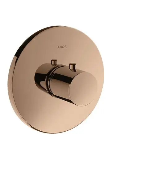 Thermostat aus Edelstahl in poliertem Rotgold von AXOR, mit runder Abdeckplatte und verchromten Bedienelementen zur Steuerung.